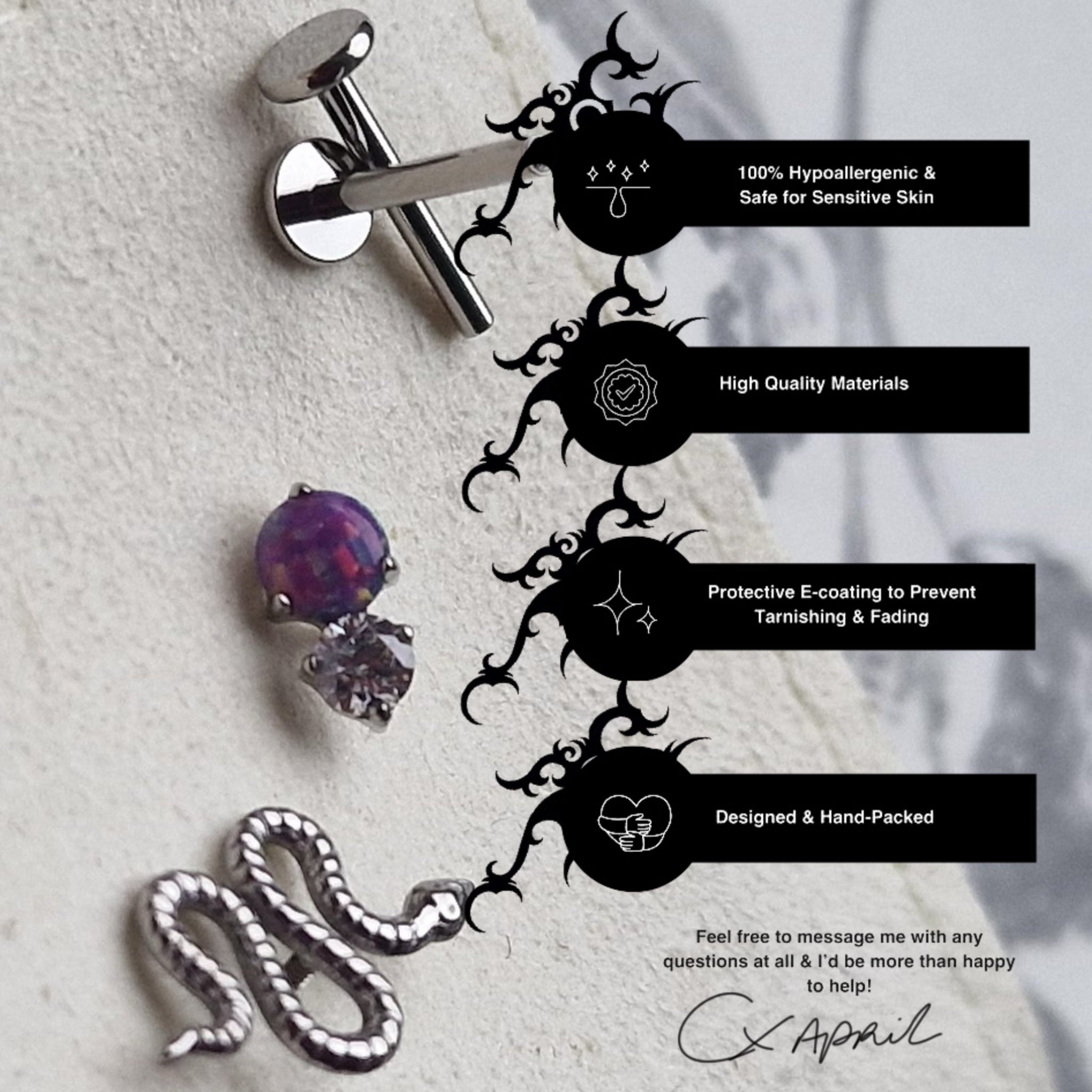 Snake × Purple Opal ●● Titanium Cartilage Asymmetric Stud Set