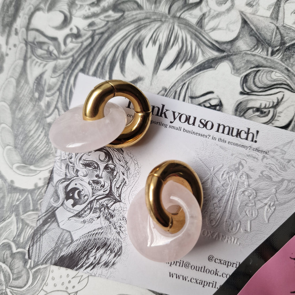 Semi Precious Pink Jade and Gold Hoop Ear Weights