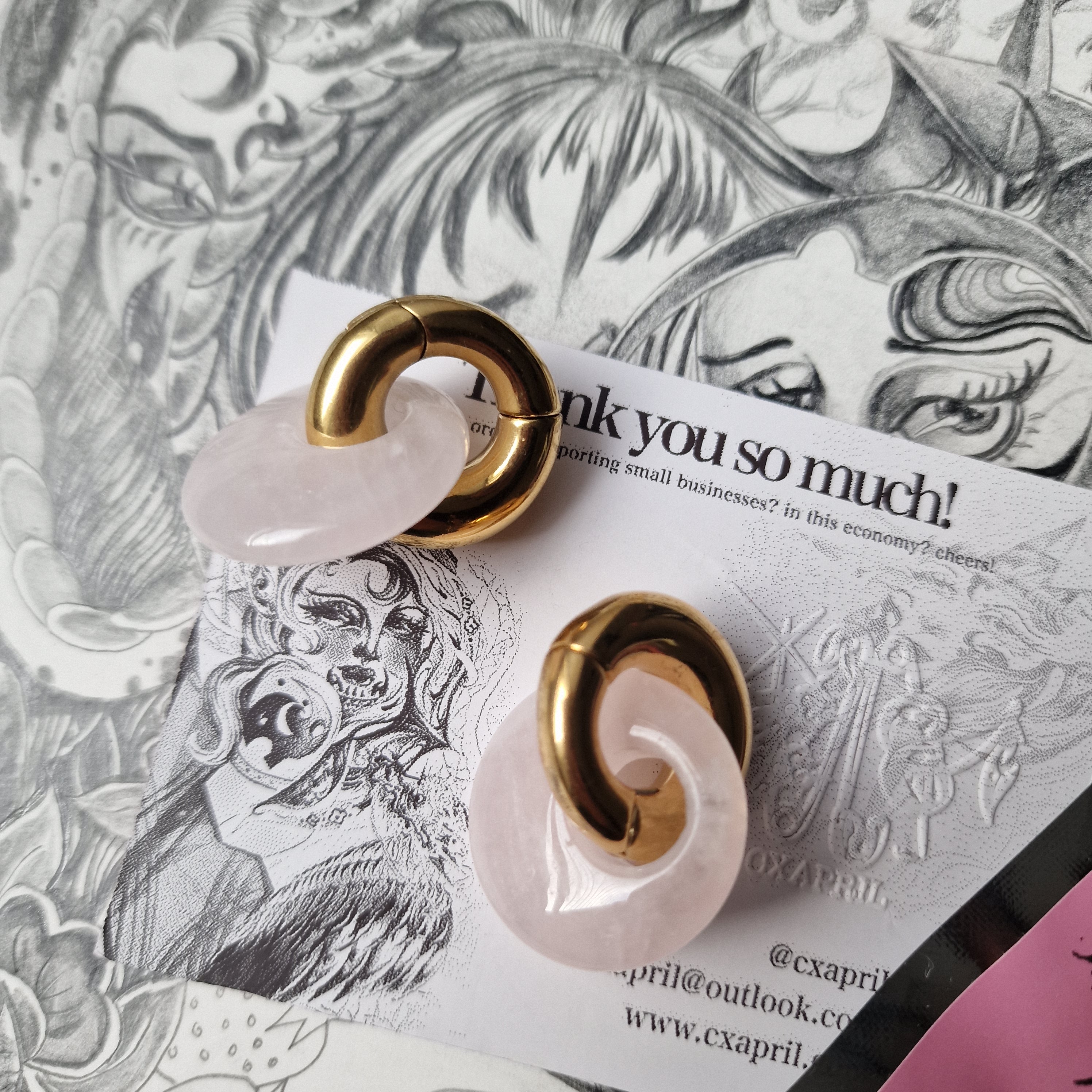 Semi Precious Pink Jade and Gold Hoop Ear Weights