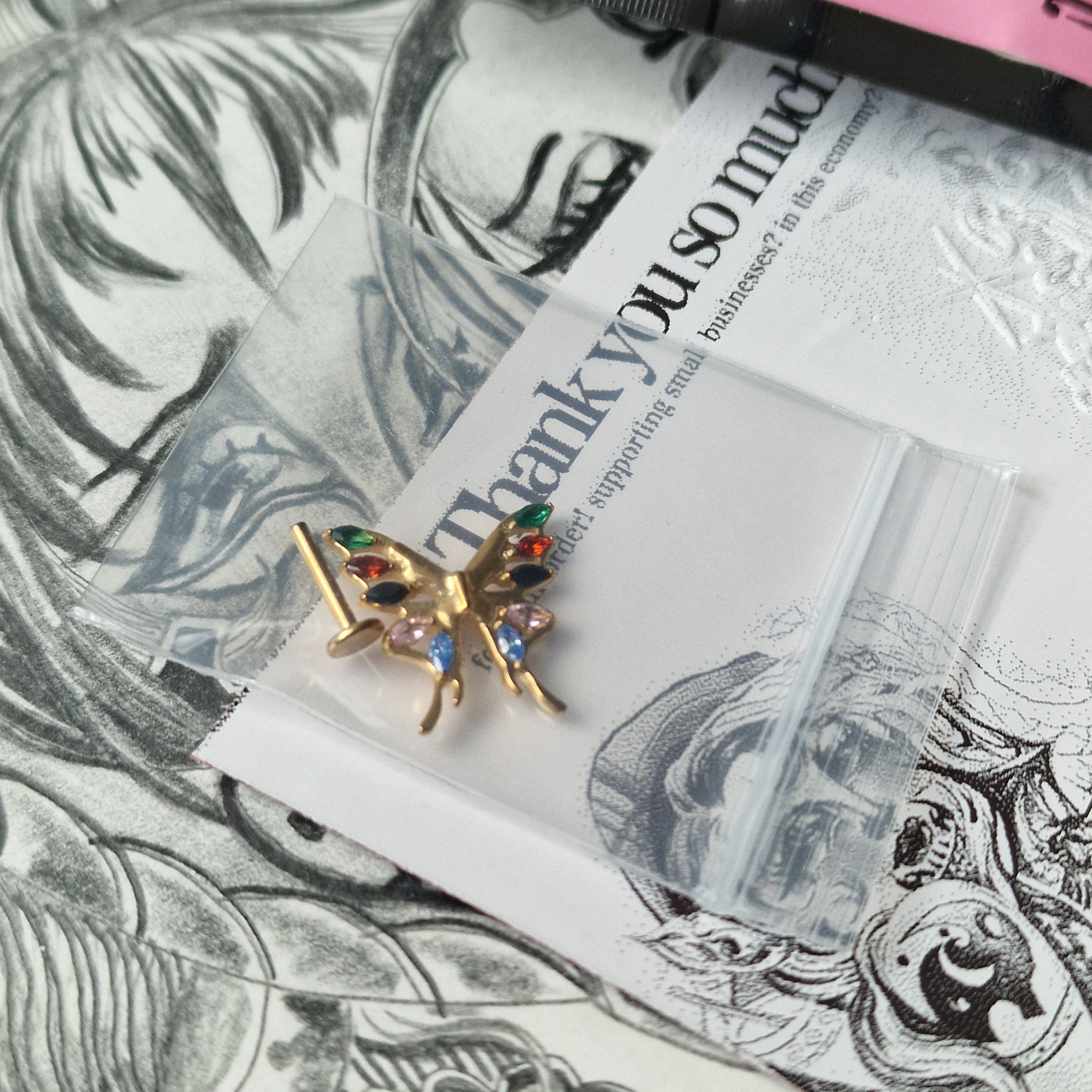 Jeweled Vintage Clown Pendant Rainbow Butterfly Earrings  | Zircon Titanium Silver Body Piercing