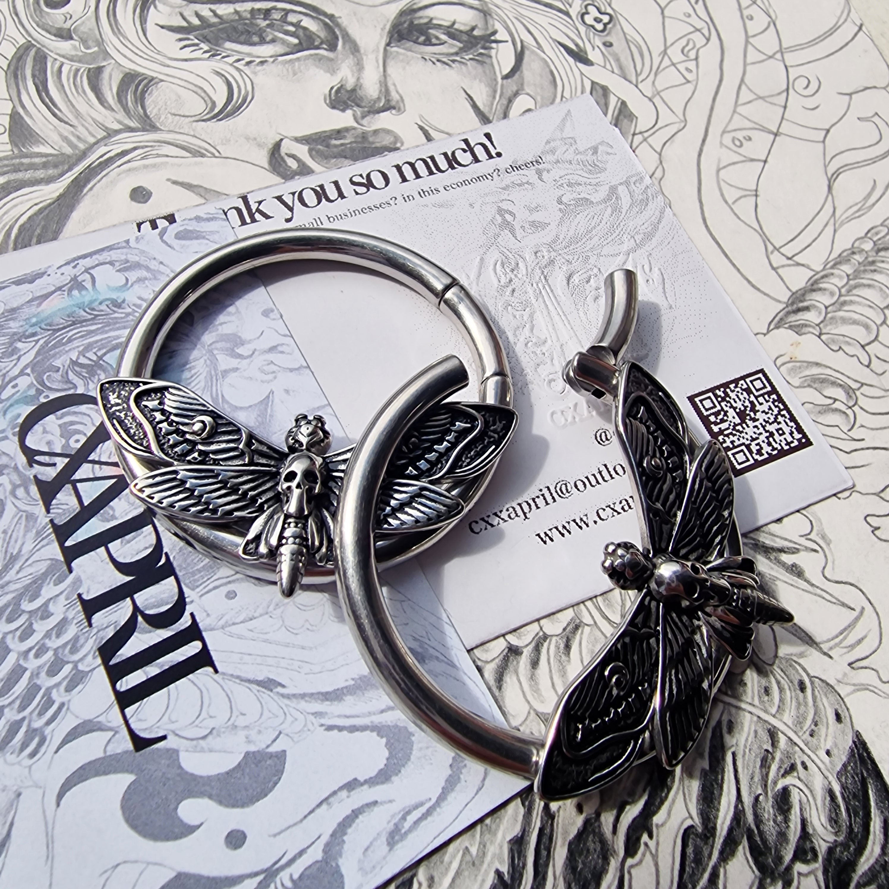 4MM 2G Silver Silence of the Death Moth | Ear Weights for Stretched Ears and Lobes