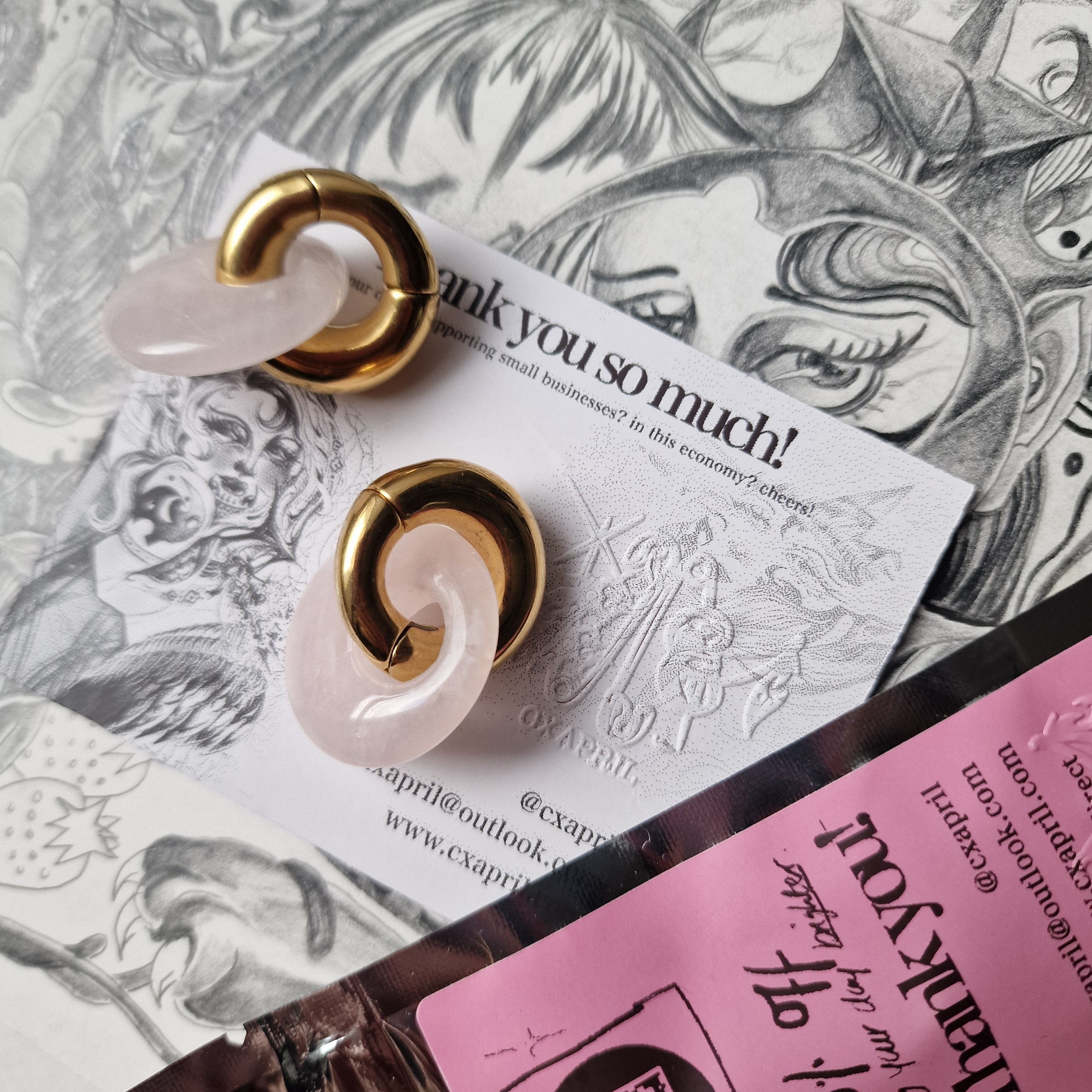 Semi Precious Pink Jade and Gold Hoop Ear Weights