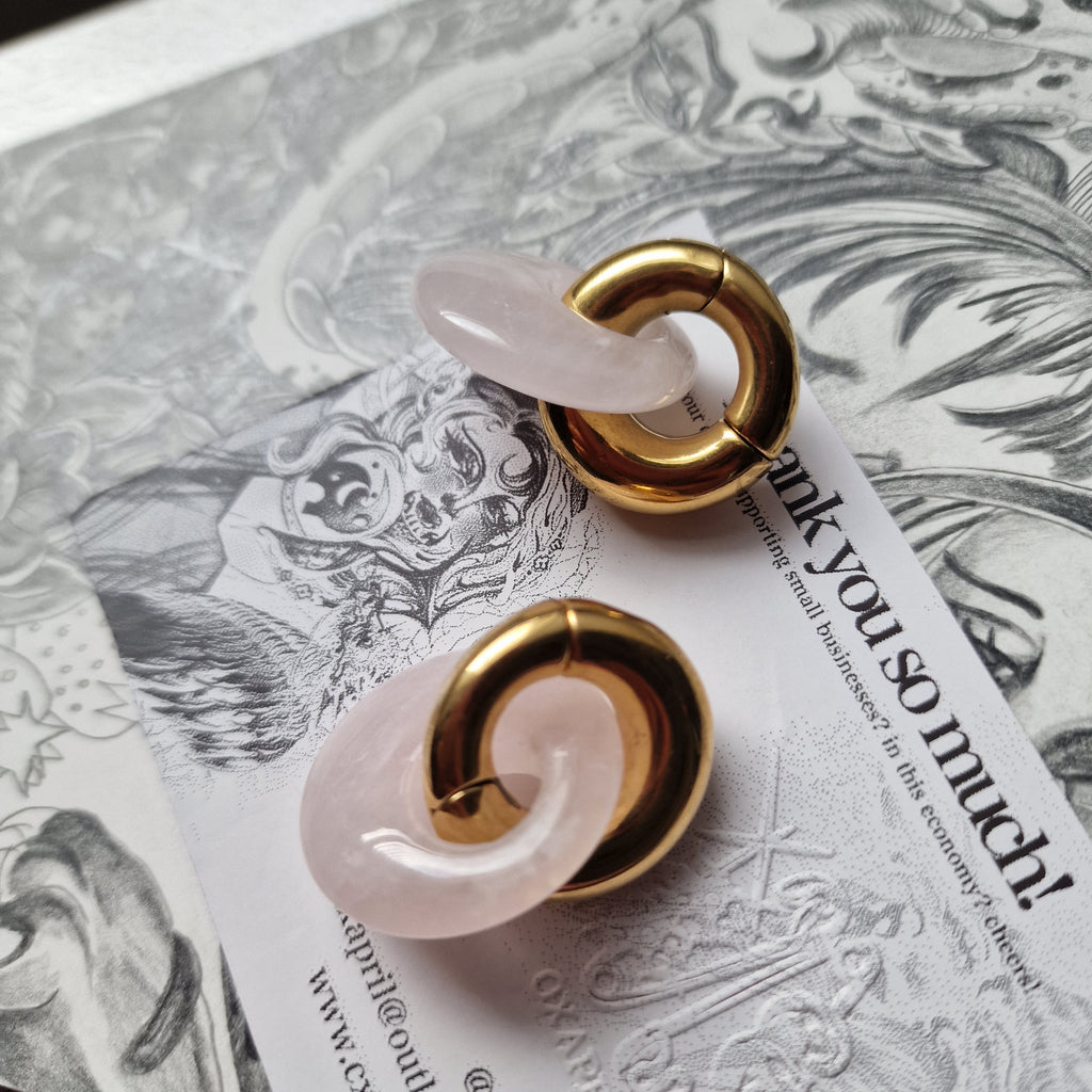 Semi Precious Pink Jade and Gold Hoop Ear Weights