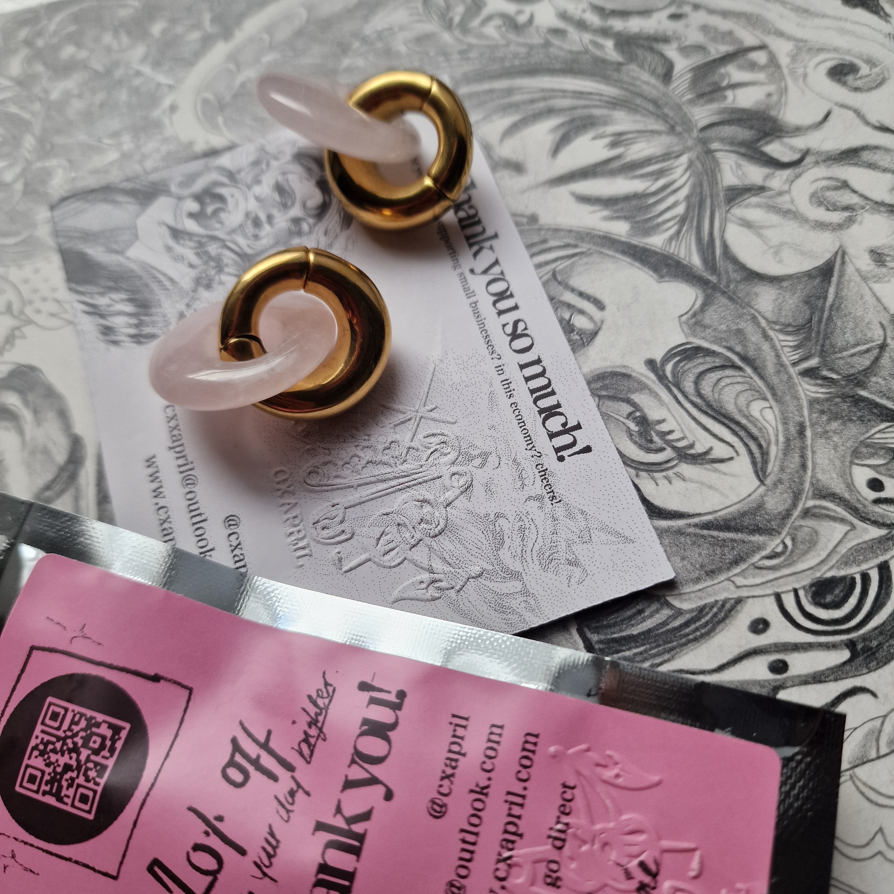 Semi Precious Pink Jade and Gold Hoop Ear Weights